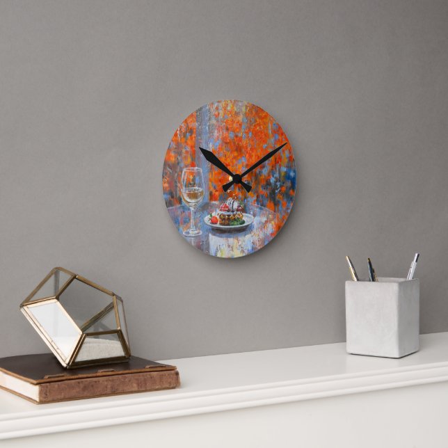 Autumn Window with Wine and Dessert Round Clock (Office)