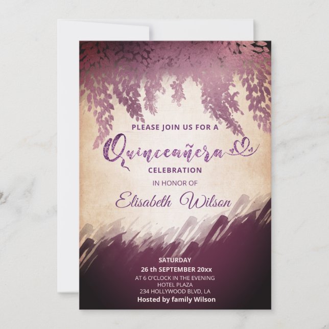 Autumn wisteria aubergine watercolor  invitation (Front)