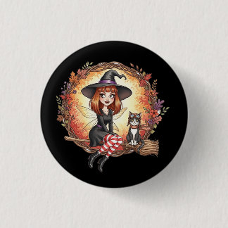 Autumn Witch Fairy with Black Cat 3 Cm Round Badge
