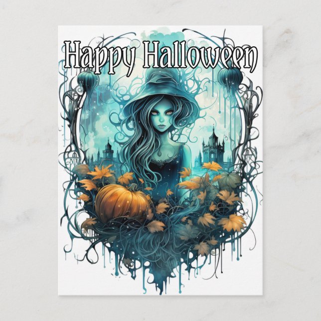 Autumn Witch Illustration | Happy Halloween Postcard (Front)