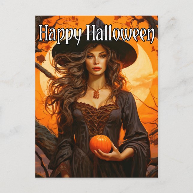 Autumn Witch Illustration | Happy Halloween Postcard (Front)