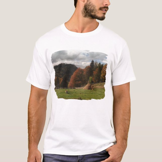 Autumn With Mountain Fox And Haystack T-Shirt (Front)