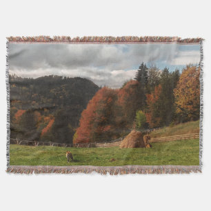 Autumn With Mountain Fox And Haystack Throw Blanket