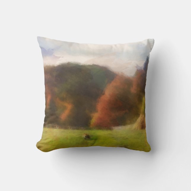 Autumn With Mountain Fox And Haystack Watercolor Cushion (Front)