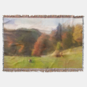 Autumn With Mountain Fox And Haystack Watercolor Throw Blanket