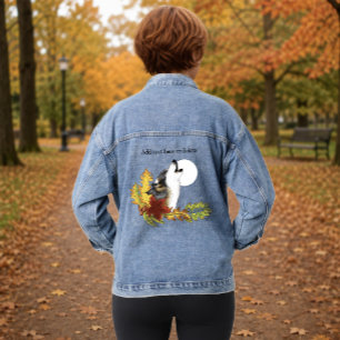 Autumn Wolf Howling Moon Black Denim Jacket