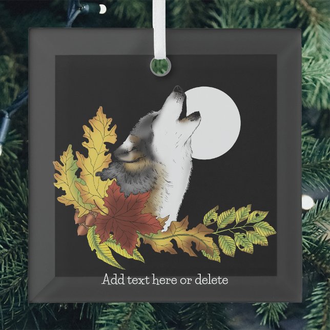 Autumn Wolf Howling Moon Black Glass Tree Decoration (Creator Uploaded)