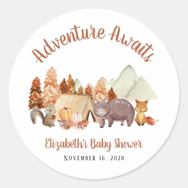 Autumn Woodland Animals Adventure Baby Shower Classic Round Sticker (Front)