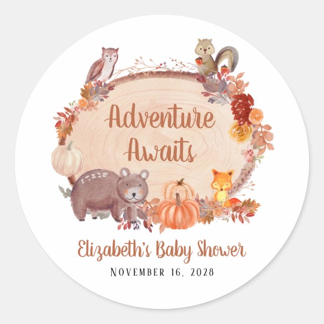 Autumn Woodland Animals Baby Shower Classic Round Sticker (Front)