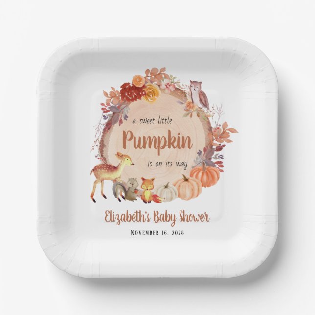 Autumn Woodland Animals Pumpkin Baby Shower Paper Plate (Front)