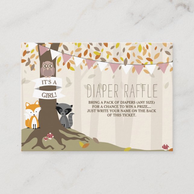 Autumn Woodland Creatures Baby Girl Diaper Raffle Enclosure Card (Front)