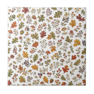 Autumn Woodland Floral Leaf Mushroom Pattern Tile