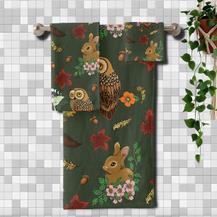 Autumn Woodland Forest Animals Green Bath Towel Set
