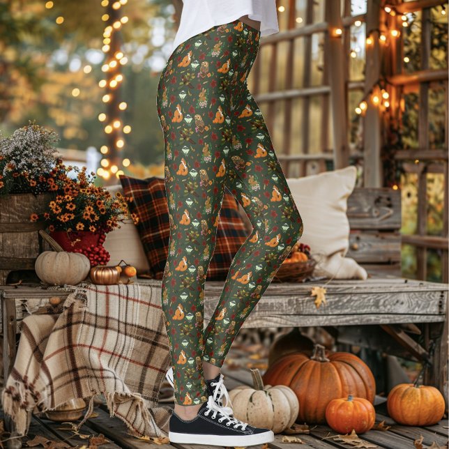 Autumn woodland Forest Animals Green Leggings (Creator Uploaded)