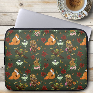 Autumn Woodland Forest Animals Green Pattern Laptop Sleeve