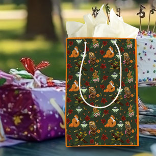 Autumn Woodland Forest Animals Green Pattern Medium Gift Bag