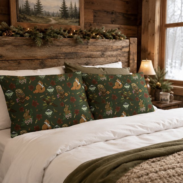 Autumn Woodland Forest Animals Green Pattern  Pillowcase (Creator Uploaded)