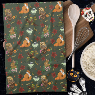 Autumn Woodland Forest Animals Green Pattern Tea Towel