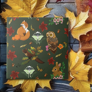 Autumn Woodland Forest Animals Green Pattern Tile