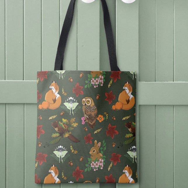 Autumn Woodland Forest Animals Green Pattern Tote Bag (Creator Uploaded)