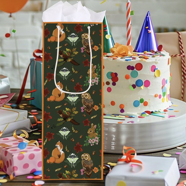 Autumn Woodland Forest Animals Green Pattern  Wine Gift Bag (Creator Uploaded)