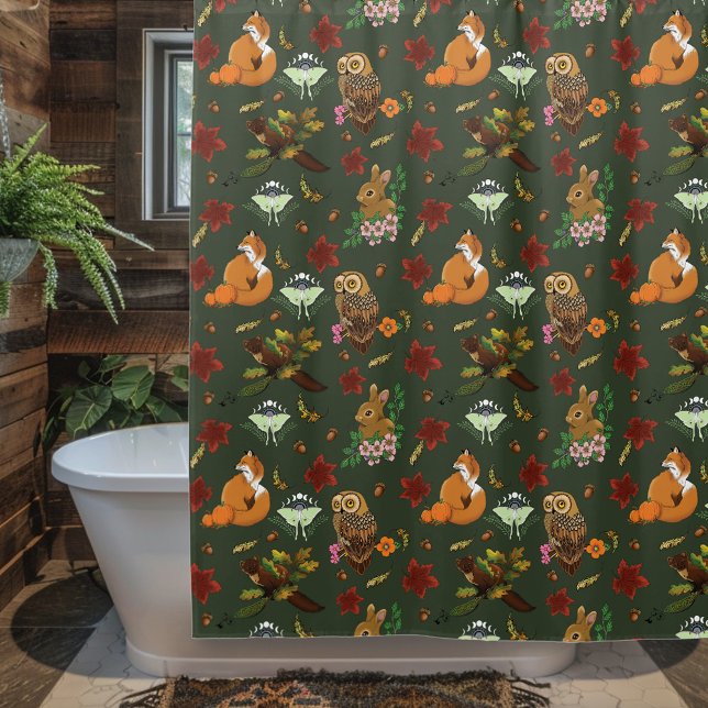 Autumn Woodland Forest Animals Green Shower Curtain (Creator Uploaded)