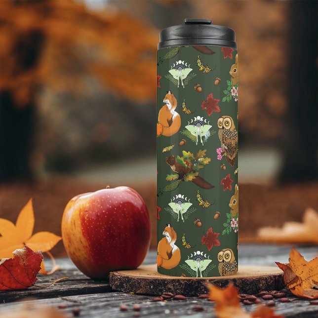 Autumn Woodland Forest Animals Green Thermal Tumbler (Creator Uploaded)
