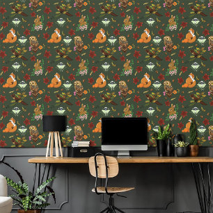 Autumn Woodland Forest Animals Green Wallpaper