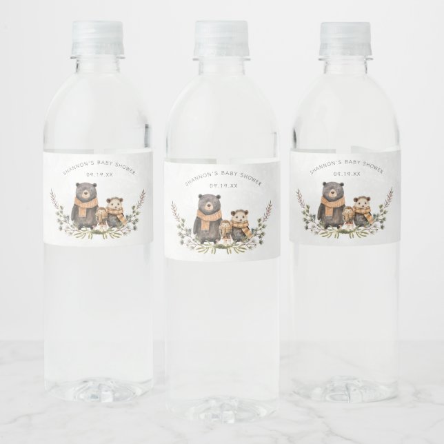 Autumn Woodland Forest Bear Baby Shower Water Bottle Label (Bottles)