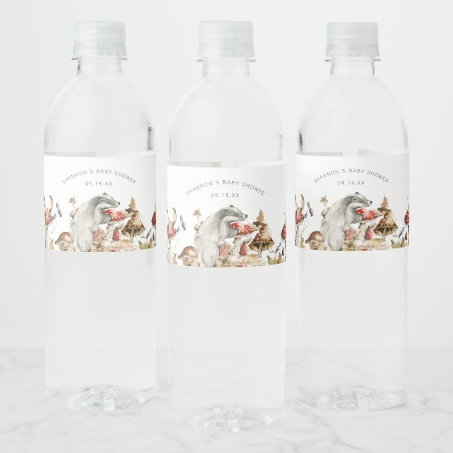 Autumn Woodland Forest Mushrooms Baby Shower Water Bottle Label (Bottles)