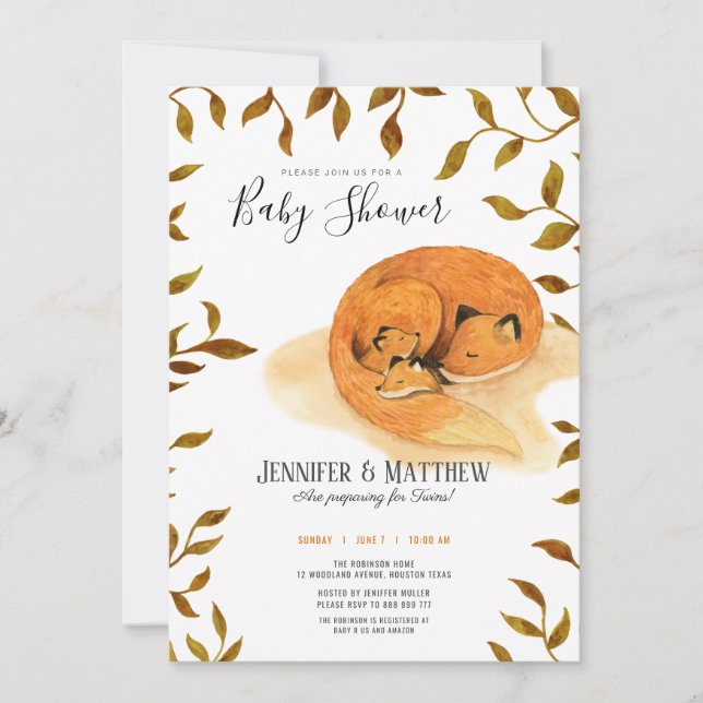 Autumn woodland fox twins baby shower invitation (Front)