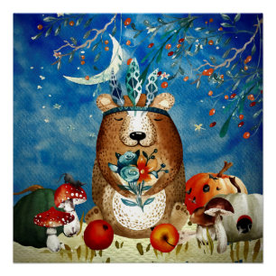 Autumn Woodland Friends Bear Forest Illustration Poster