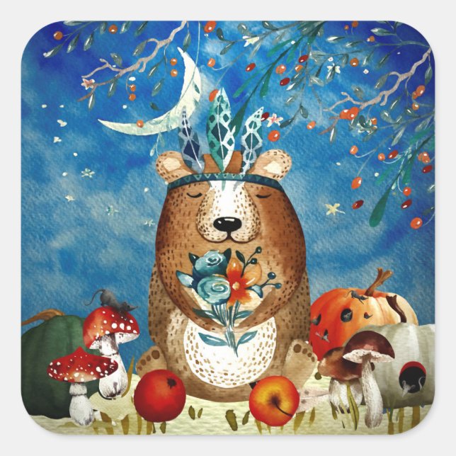 Autumn Woodland Friends Bear Forest Illustration Square Sticker (Front)