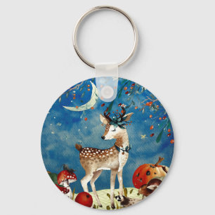 Autumn Woodland Friends Deer Forest Illustration Key Ring