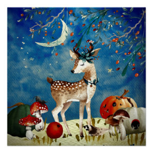 Autumn Woodland Friends Deer Forest Illustration Poster