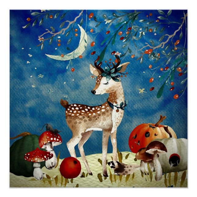 Autumn Woodland Friends Deer Forest Illustration Poster (Front)