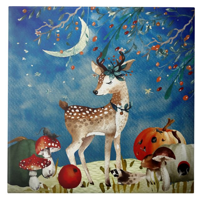 Autumn Woodland Friends Deer Forest Illustration Tile (Front)