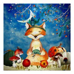 Autumn Woodland Friends Fox Forest Illustration Poster