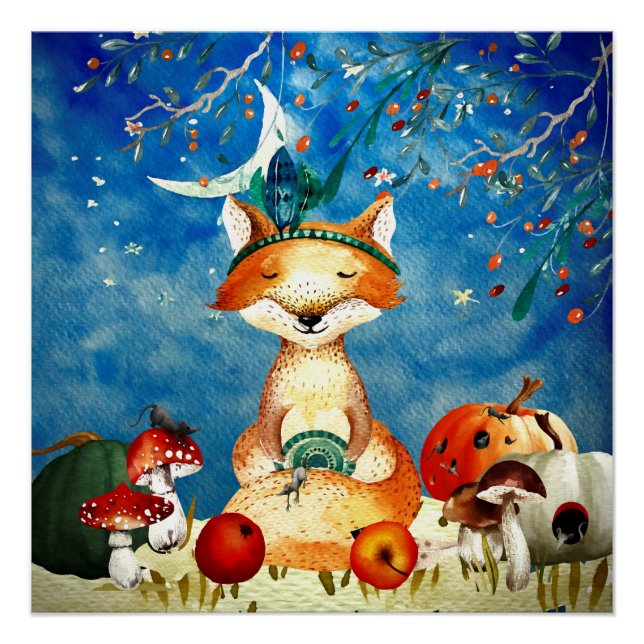 Autumn Woodland Friends Fox Forest Illustration Poster (Front)