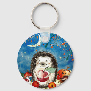Autumn Woodland Friends Hedgehog Forest Drawing Key Ring