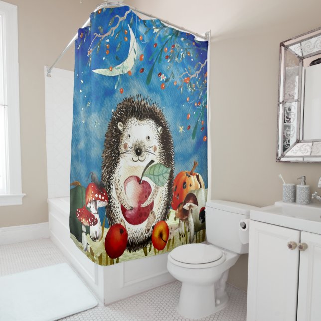 Autumn Woodland Friends Hedgehog Forest Drawing Shower Curtain (In Situ)