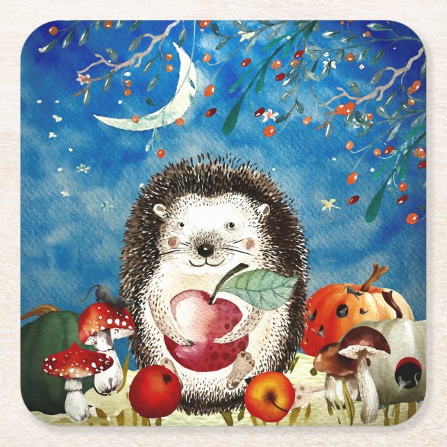 Autumn Woodland Friends Hedgehog Forest Drawing Square Paper Coaster (Front)