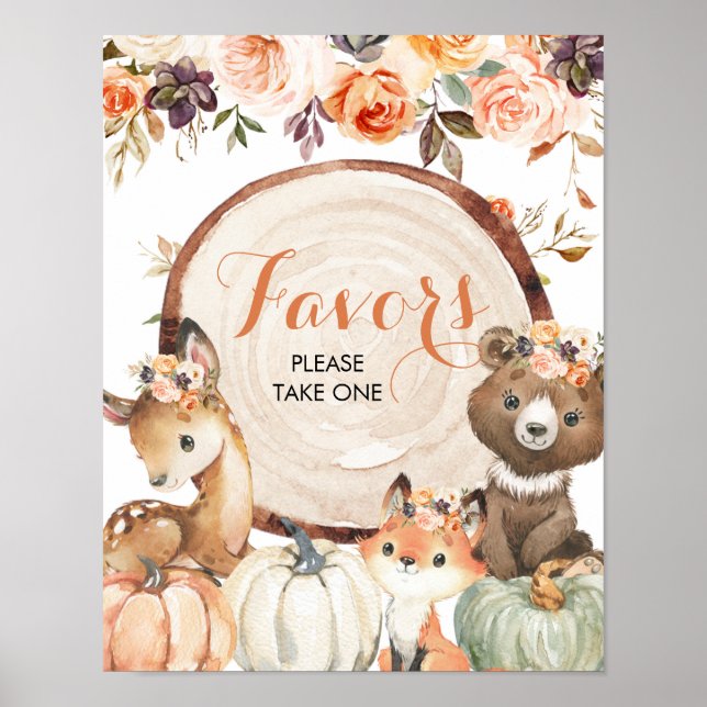 Autumn Woodland Girl Baby Shower Party Favors Sign (Front)