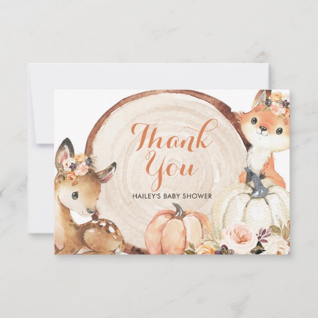 Autumn Woodland Girl Baby Shower Thank You Card (Front)