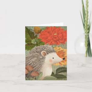 Autumn Woodland Hedgehog with Red & Yellow Flowers Note Card