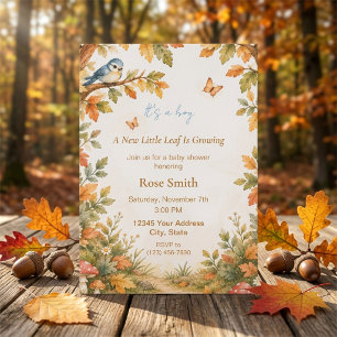 Autumn Woodland Watercolor Boy Baby Shower Invitation