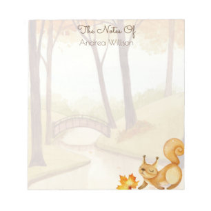 Autumn woodlands watercolor scene with squirrel notepad