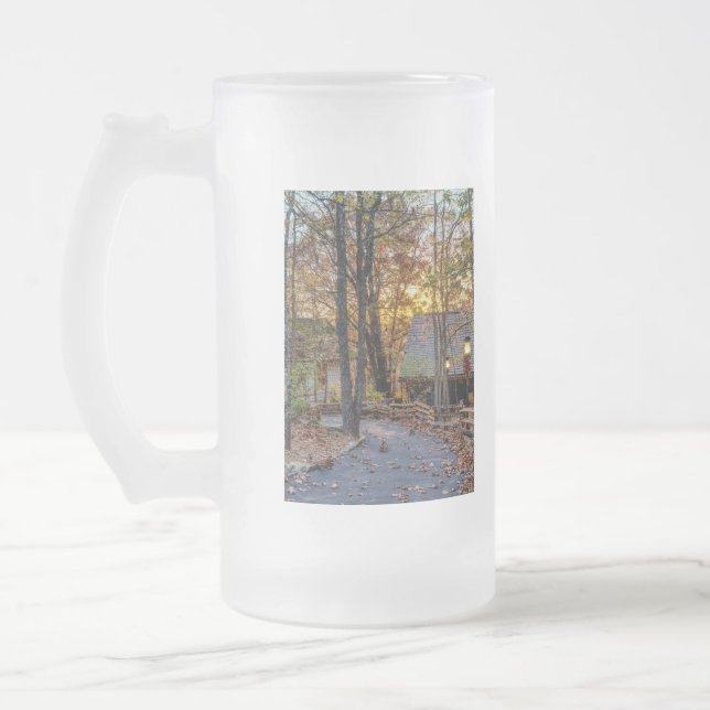 Autumn Woods Sunset Walkway Frosted Glass Beer Mug (Left)