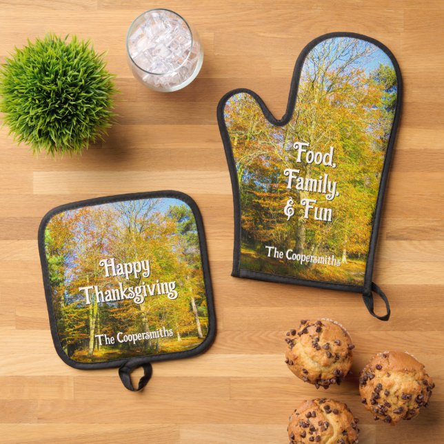 Autumn Woods & Sunshine - Personalised Oven Mitt & Pot Holder Set (Top Down)