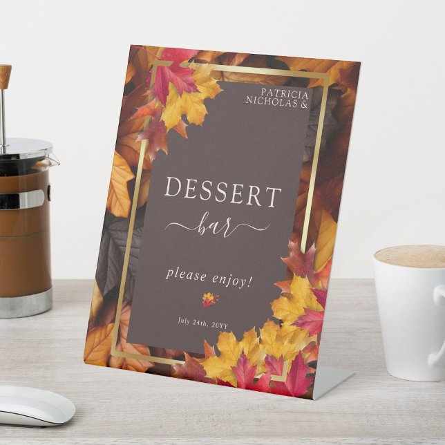 Autumn Woody Brown & Elegant Golden Dessert Bar Pedestal Sign (Creator Uploaded)